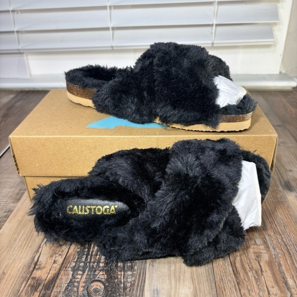 Calistoga Slippers Womens 8 House Shoes Slip On Cross Band Slide Black Faux Fur